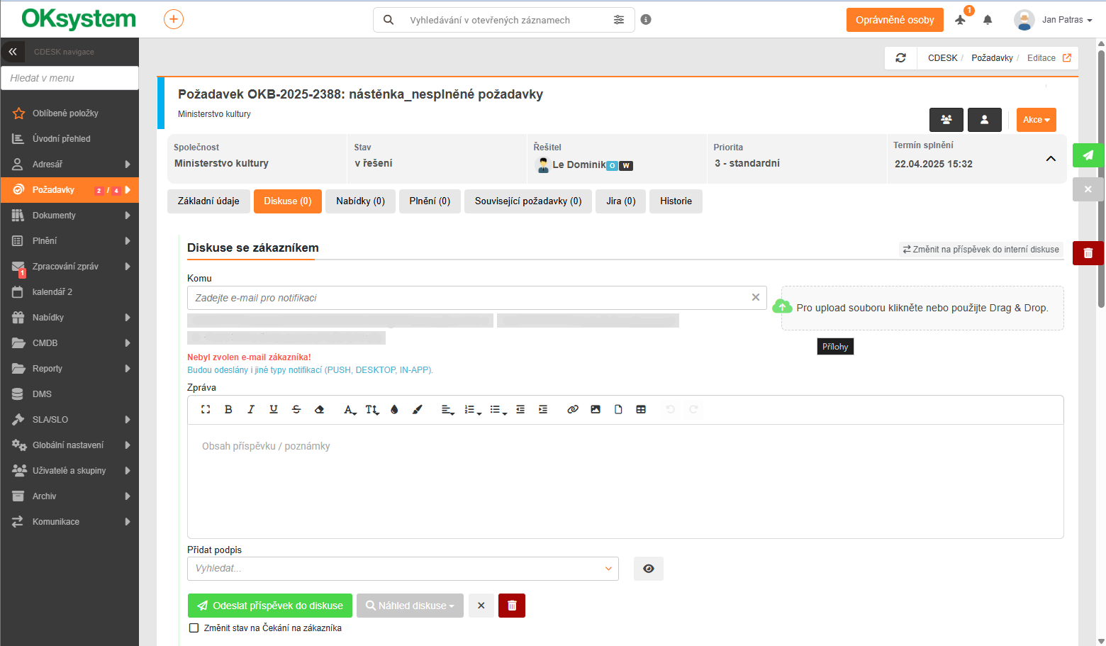 CDESK OKsystem - příklad detailu požadavku klienta